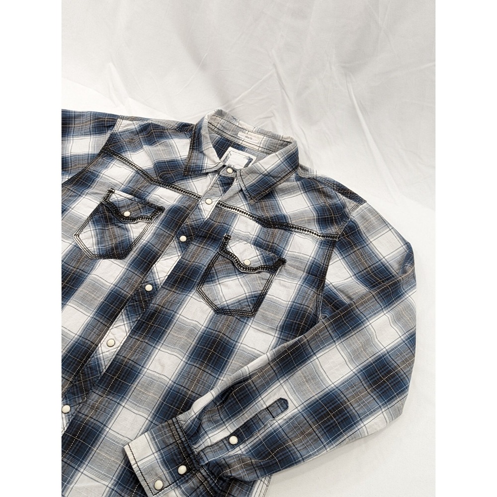 BKE Long Sleeve Shirt Blue Pearl Snap Slim Fit Black White 100% Cotton Size XL